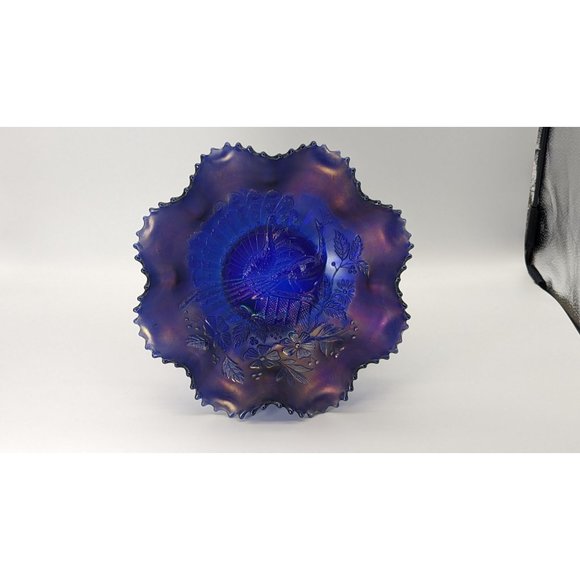 Vintage Northwood Peacocks on Fence Electric Blue Bowl Ruffle Sawtooth - Picture 16 of 16